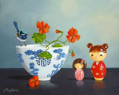 Nasturtiums, Two Dolls and Wren