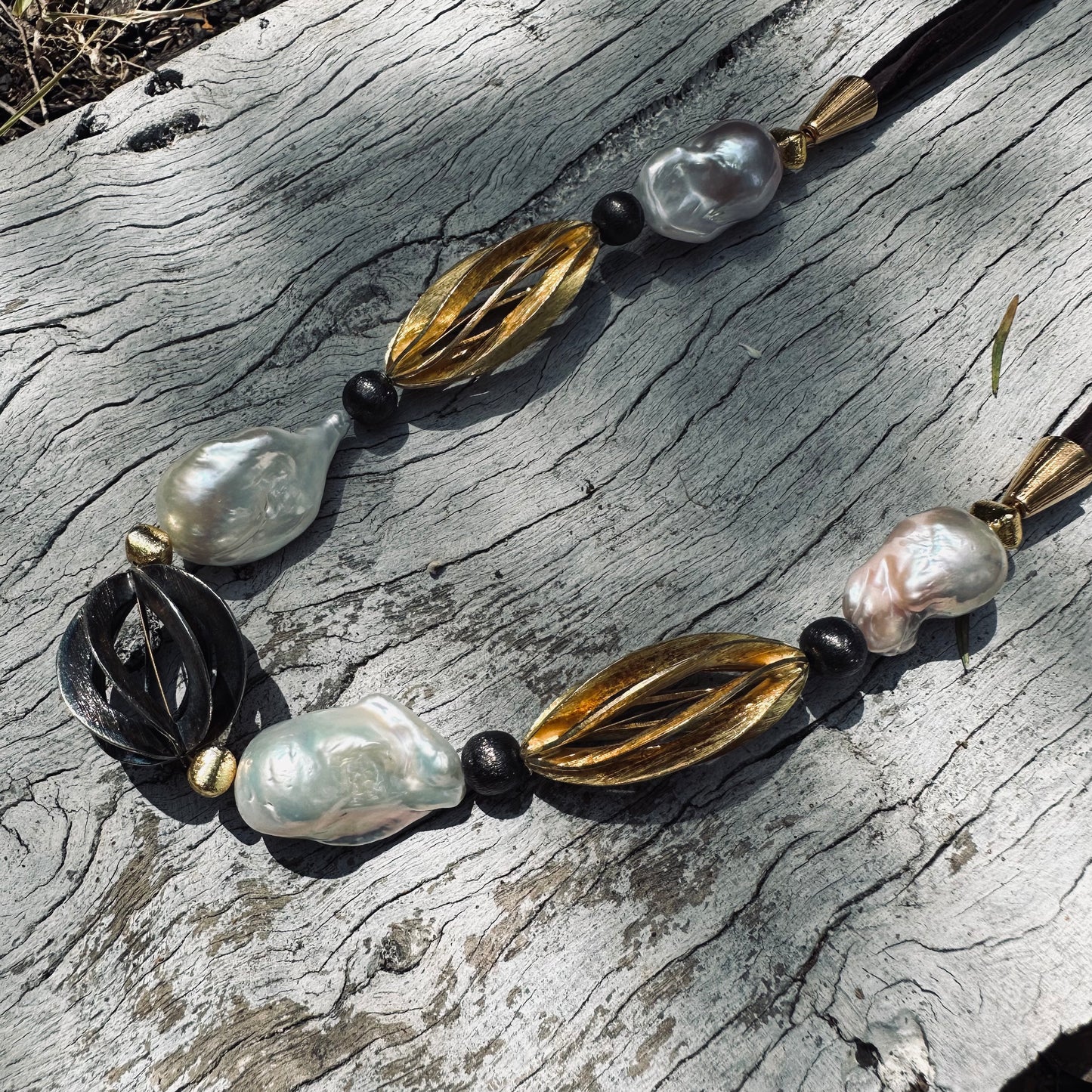 Necklace - Freshwater Baroque Pearls on Dark Brown Deerskin Leather