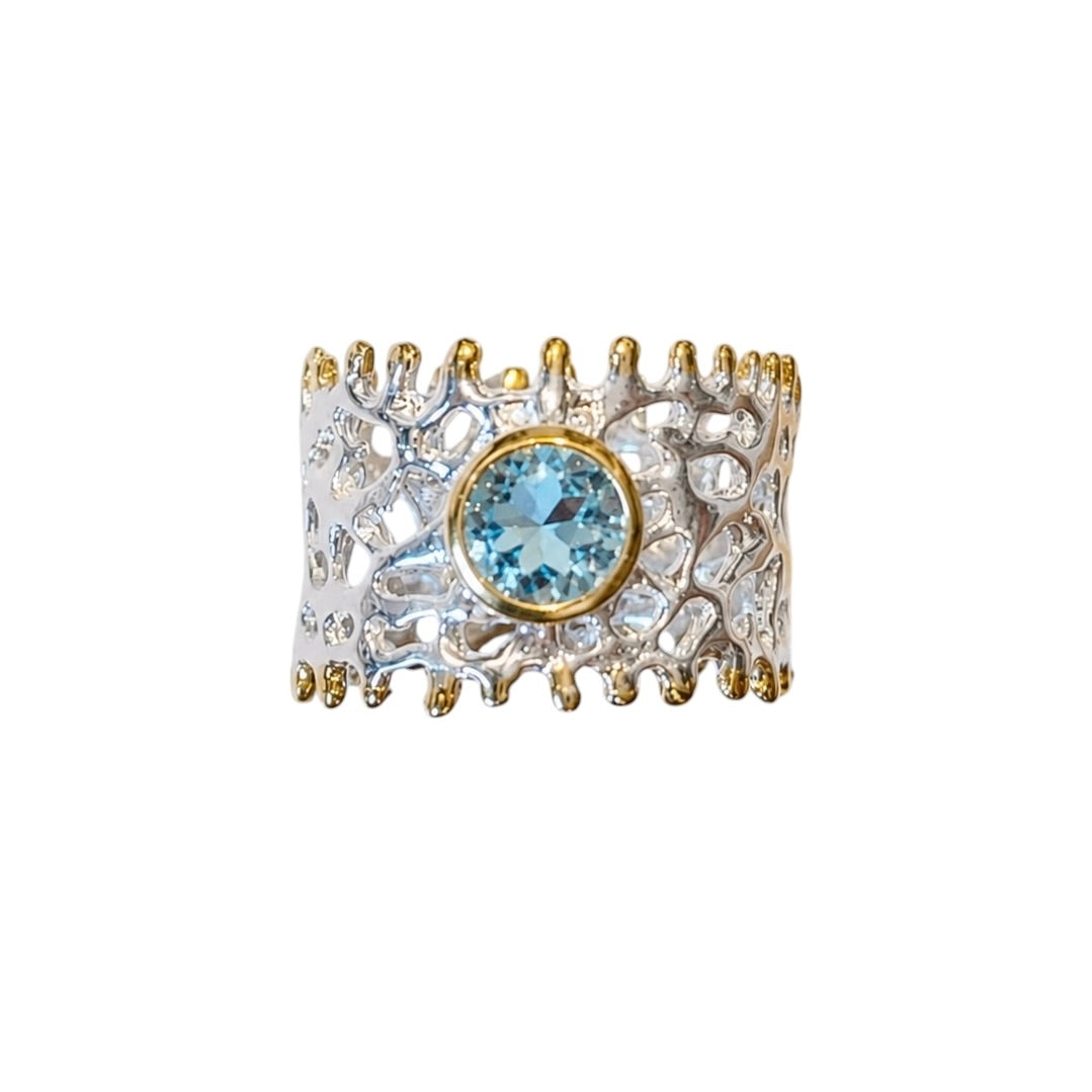 Ring - Fan of the Sea, Silver with Yellow Gold Accents and Blue Topaz