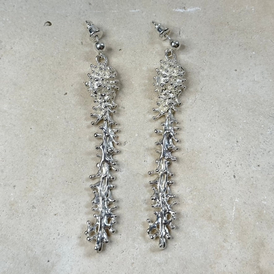 Earrings - Anemone, Silver Long Drop