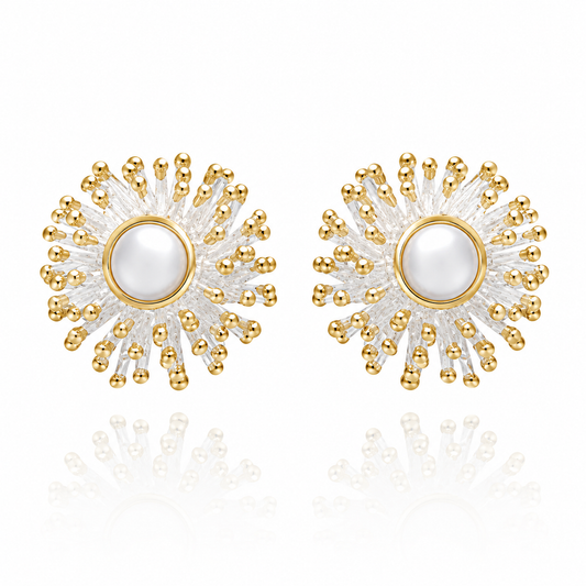 Earrings - Anemone Large Studs with White Pearl and Yellow Gold