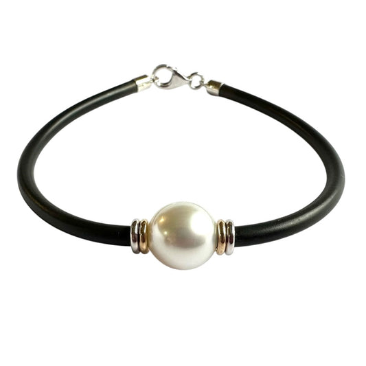 Bracelet - Australian South Sea Pearl 10-11 mm  Sterling Silver & 9Kt Yellow Gold 19 cm Neoprene 3mm