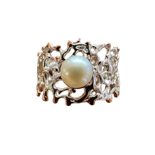 Ring, Fan of the Sea, Pearl, Rose Gold Accents