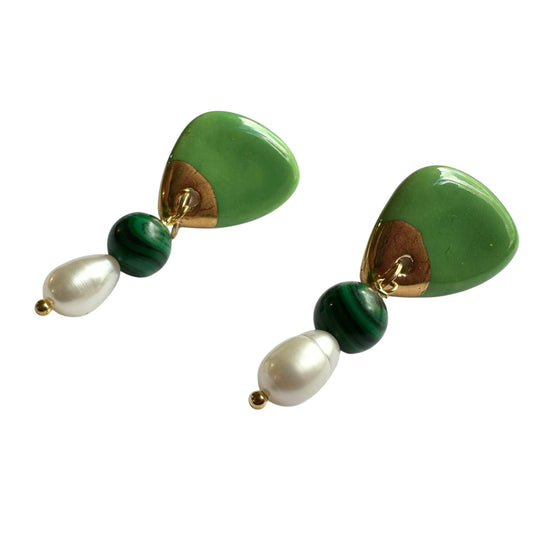Earrings - Handmade Green Porcelain with Freshwater Pearl and Malachite Bead
