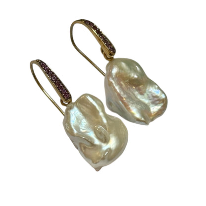 Earrings - Echoes of the Sea Baroque Pearl Drops, Rhodolite Garnet, Yellow Finish