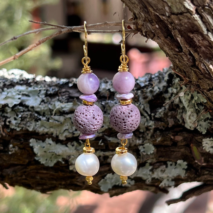 Earrings - Freshwater Pearls, Lepidolite and Lava Stone Beads