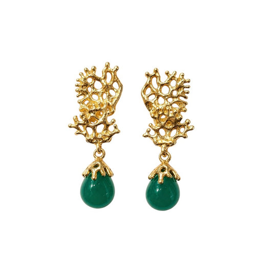 Earrings - Fragments Small, Yellow Gold Finish with Green Agate