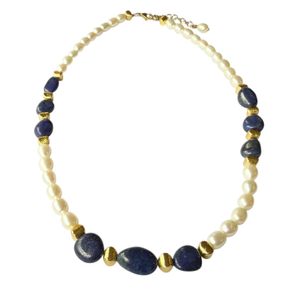 Necklace - Fresh Water Pearls and Natural Lapis Lazuli, Gold Filled Beads