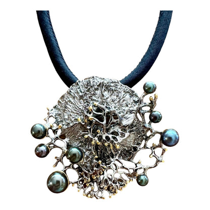 Pendant / Brooch - Coral Garden, Rhodium Finish with Black Pearls