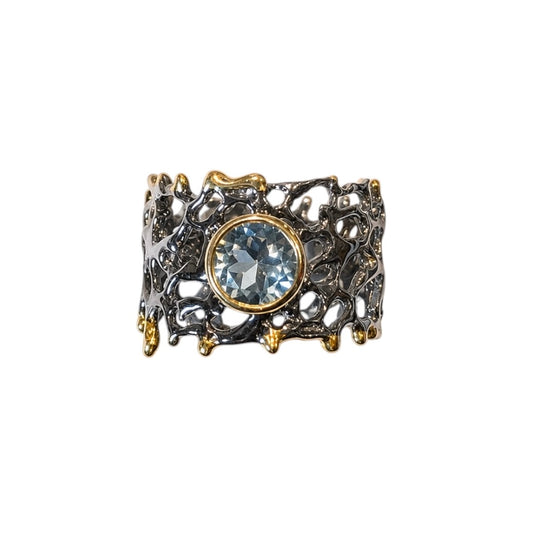 Ring - Fan of the Sea, Rhodium with Yellow Gold Accents and Blue Topaz