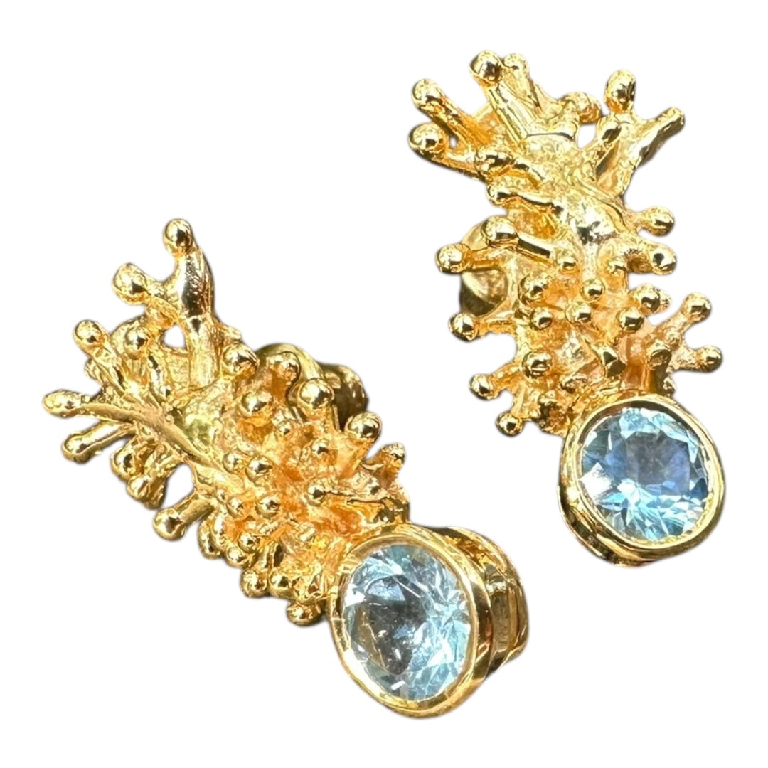Earrings, Anemone, Yellow Gold Finish, Blue Topaz