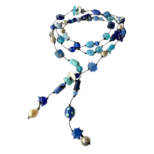 Necklace - Blue Handmade Glass Beads, South Sea Pearls and Tahitian Pearls on Leather