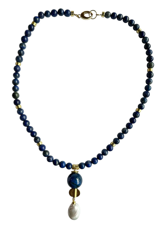 Necklace - Fresh Water Pearl & Lapis Lazuli, Gold Filled Beads
