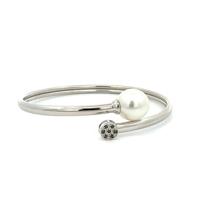 Bangle- Australian South Sea Cultured Pearl 11-12mm, 7 Diamonds 0.07ct, 60mm Sterling Silver