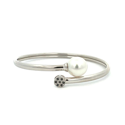 Bangle- Australian South Sea Cultured Pearl 11-12mm, 7 Diamonds 0.07ct, 60mm Sterling Silver