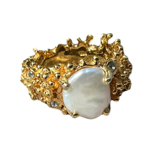 Ring, Anemone, Yellow Gold Finish and Silver Accents, Keshi Pearl, Topaz
