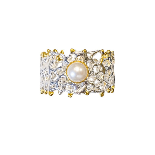 Ring - Fan of the Sea, Silver with Yellow Gold Accents and White Pearl