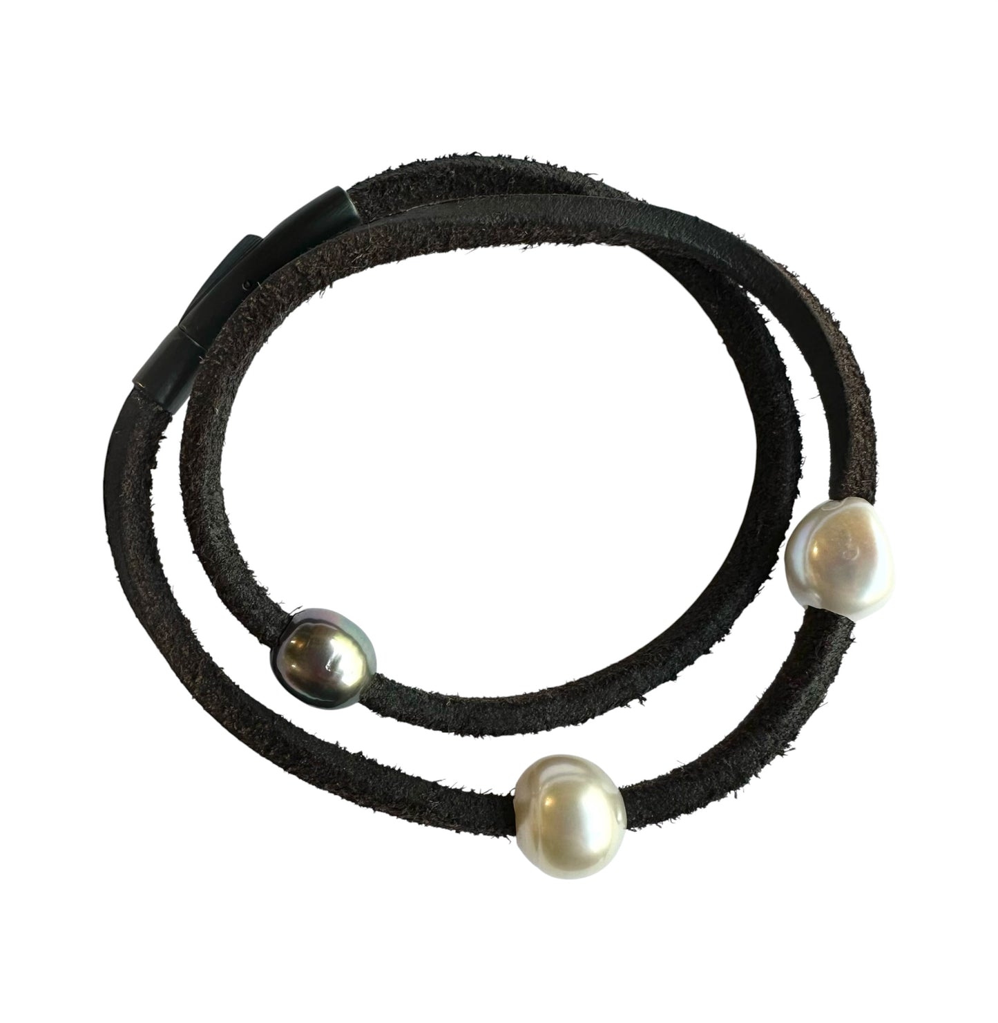 Bracelet - Three South Sea Pearls on Brown Leather Wrap