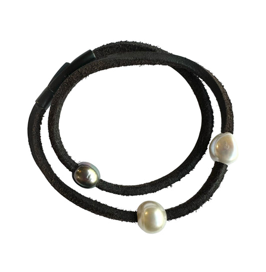 Bracelet - Three South Sea Pearls on Brown Leather Wrap