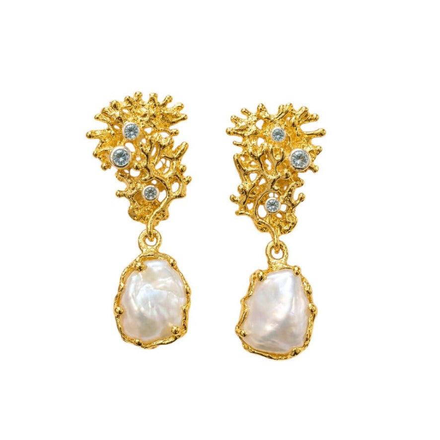 Earrings - Fragments Small, Yellow Gold Finish with Silver Accents and Keshi Pearls