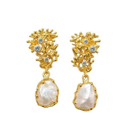 Earrings - Fragments Small, Yellow Gold Finish with Silver Accents and Keshi Pearls