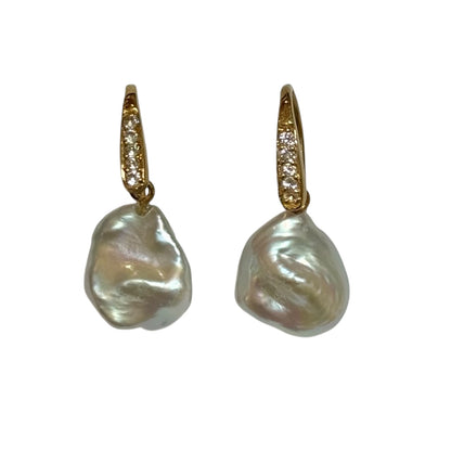 Earrings - Echoes of the Sea Medium Baroque Pearl, Blue Topaz, Yellow Gold Finish