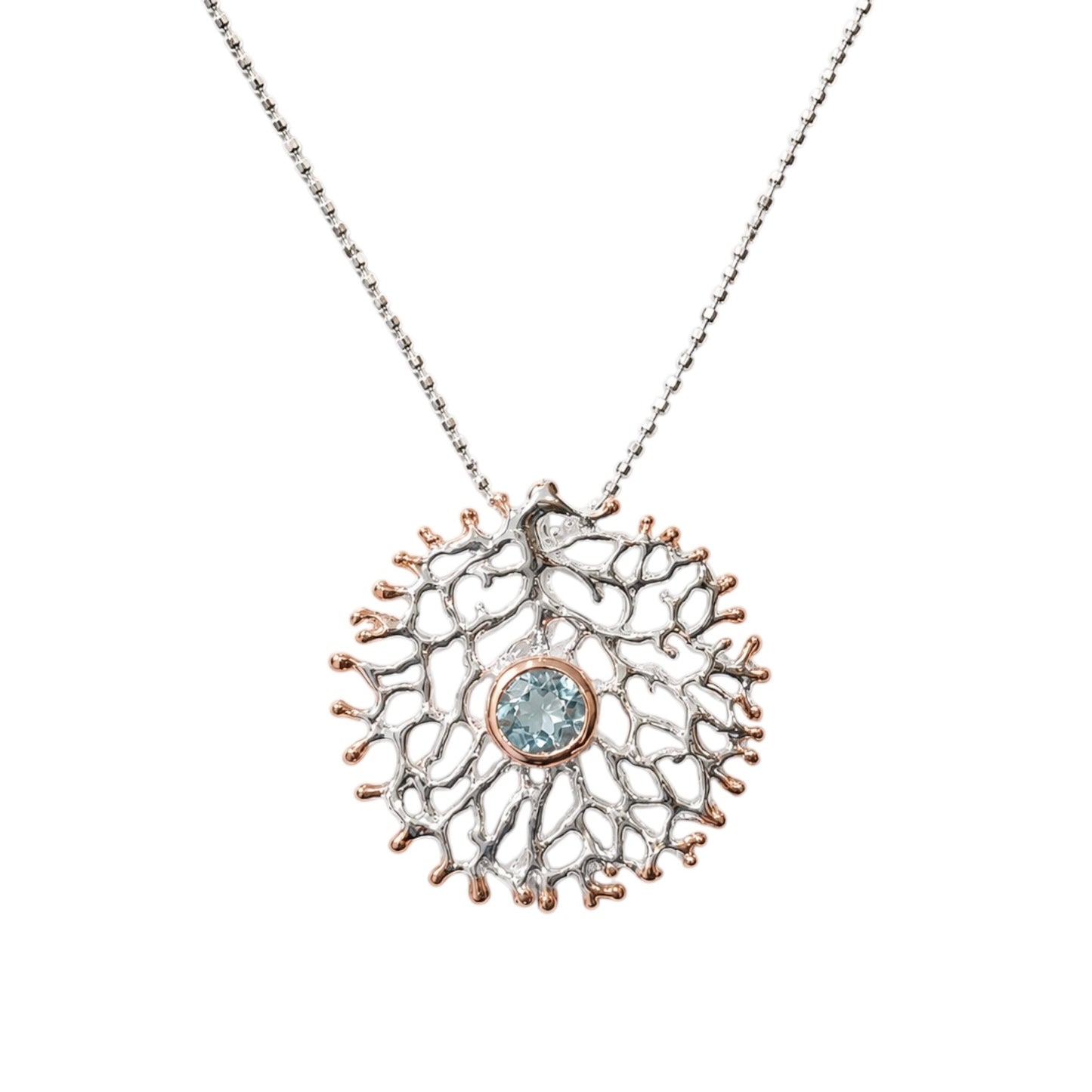 Pendant - Fan of the Sea, Medium Silver with Rose Gold Accents and Blue Topaz