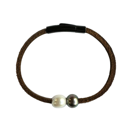 Bracelet - Two South Sea Pearls on Brown Leather