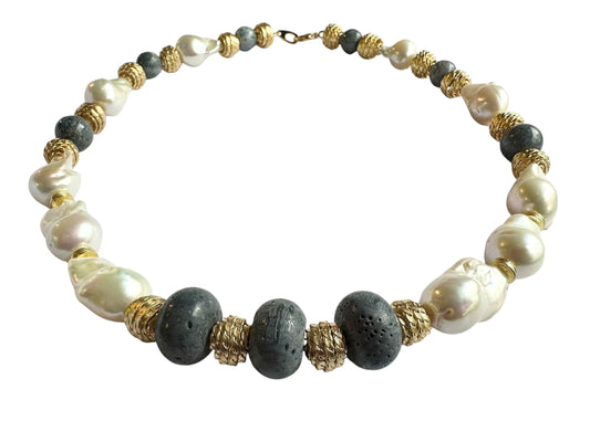 Necklace - Fresh Water Baroque Pearls & Natural Blue Coral