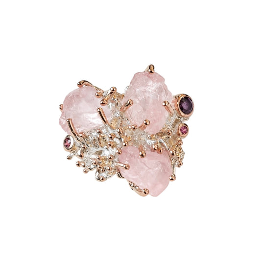 Ring - Jewel of the Sea, Sterling Silver, Rose Gold Accents, Raw Rose Quartz