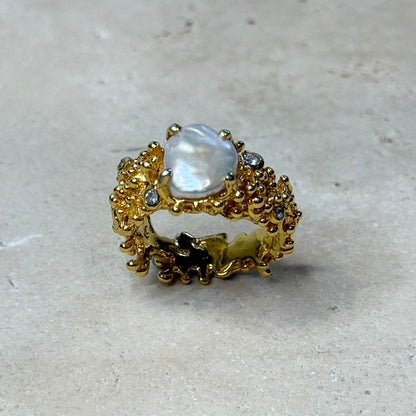 Ring - Anemone, Yellow Gold Finish with Silver Accents, Keshi Pearl and Topaz