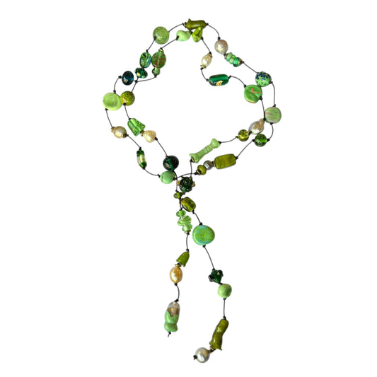 Necklace - Green Handmade Glass Beads, South Sea Pearls and Tahitian Pearls on Leather