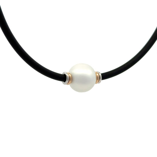 Necklace - Australian South Sea Pearl 12-13 mm Sterling Silver & 9Kt Yellow Gold 42 cm Neoprene 3mm