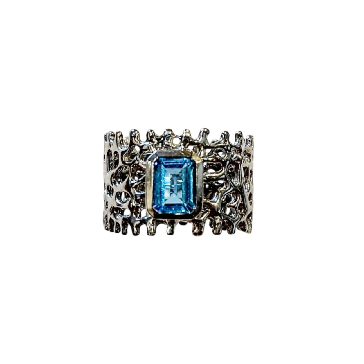Ring - Fan of the Sea, Black Rhodium Finish and Emerald Cut Blue Topaz