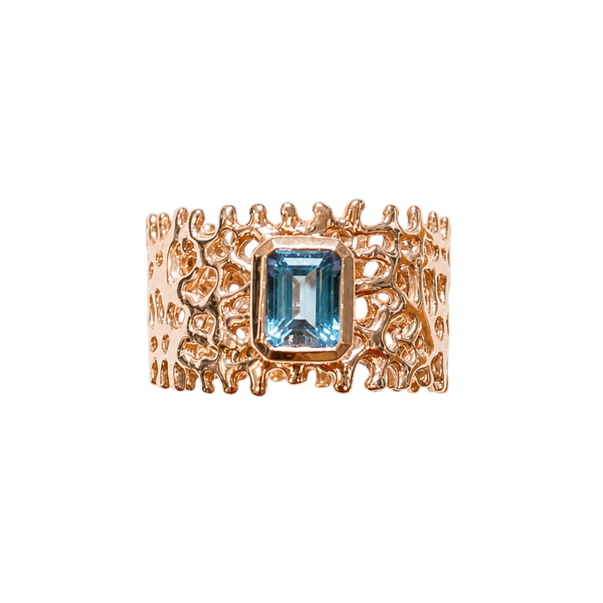 Ring - Fan of the Sea, Rose Gold Finish and Emerald Cut Blue Topaz