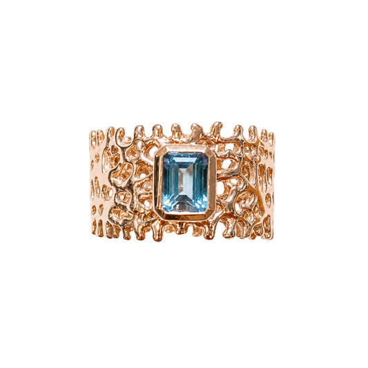 Ring - Fan of the Sea, Rose Gold Finish and Emerald Cut Blue Topaz