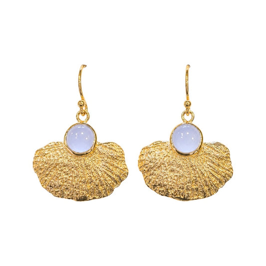 Earrings - Coral Garden, Yellow Gold Finish with Blue Chalcedony