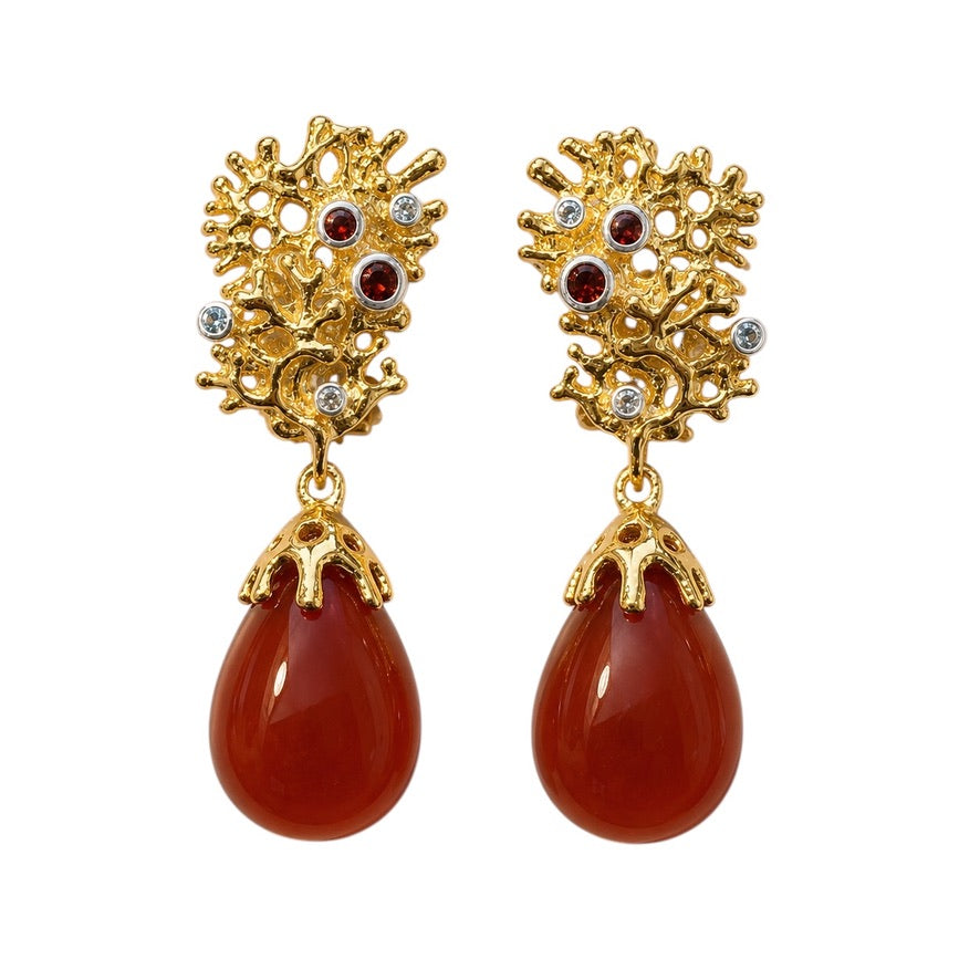 Earrings - Fragments Medium, Yellow Gold Finish with Silver Accents and Carnelian, Garnet and Topaz