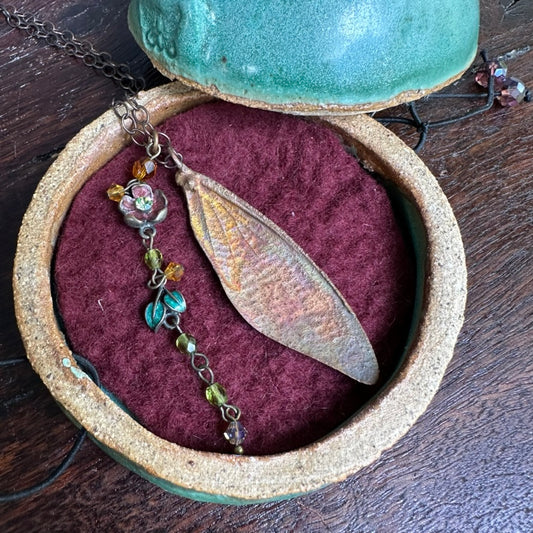 Winged Coppered Cicada with Flowers, Includes Ceramic Case