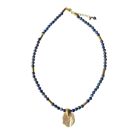 Necklace - Fresh Water Pearl and Natural Lapis Lazuli, Gold Filled Beads