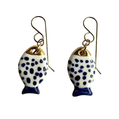Earrings - Handmade Porcelain Fish Navy and White