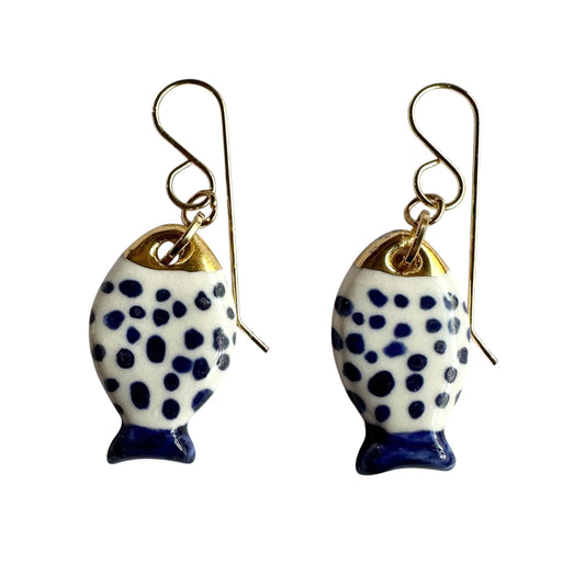 Earrings - Handmade Porcelain Fish Navy and White