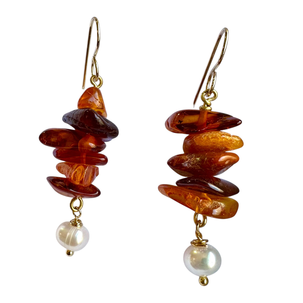 Earrings - Freshwater Pearls with Natural Baltic Amber and 18ct Gold Filled Findings