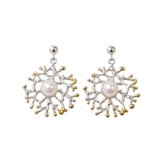 Earrings - Fan of the Sea, Silver with Yellow Gold Accents and Freshwater Pearl
