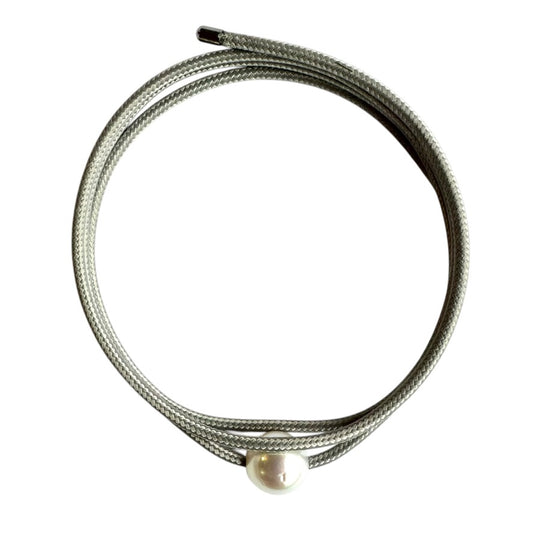 Bracelet - Australian South Sea Pearl 9-10 mm Stainless Steel Magnetic Wrap, Grey/Silver Ends