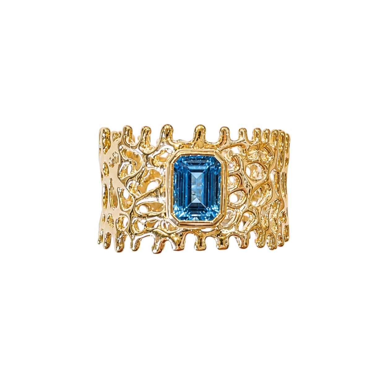 Ring - Fan of the Sea, Yellow Gold Finish and Emerald Cut Blue Topaz