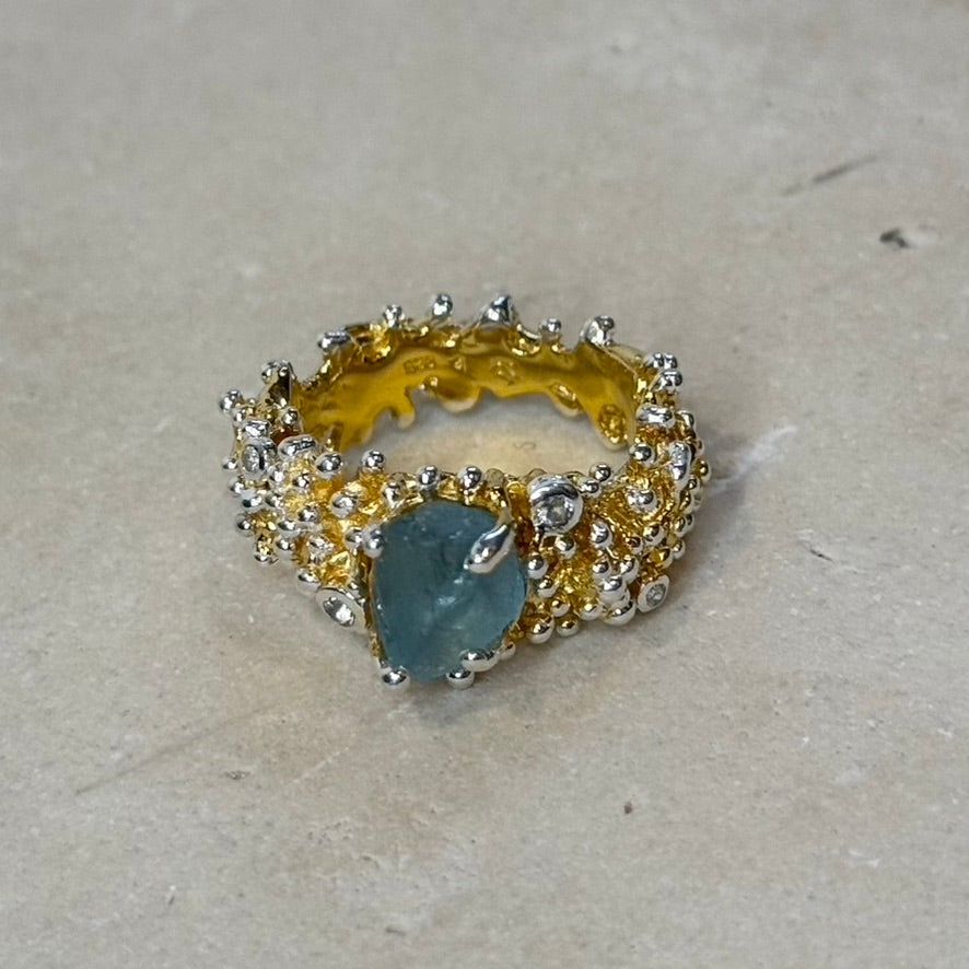 Ring - Anemone, Yellow Gold Finish with Silver Accents, Aquamarine and Topaz