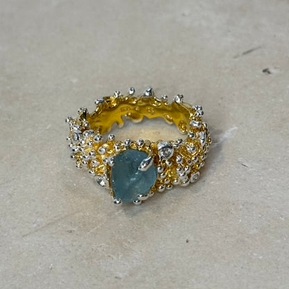 Ring - Anemone, Yellow Gold Finish with Silver Accents, Aquamarine and Topaz