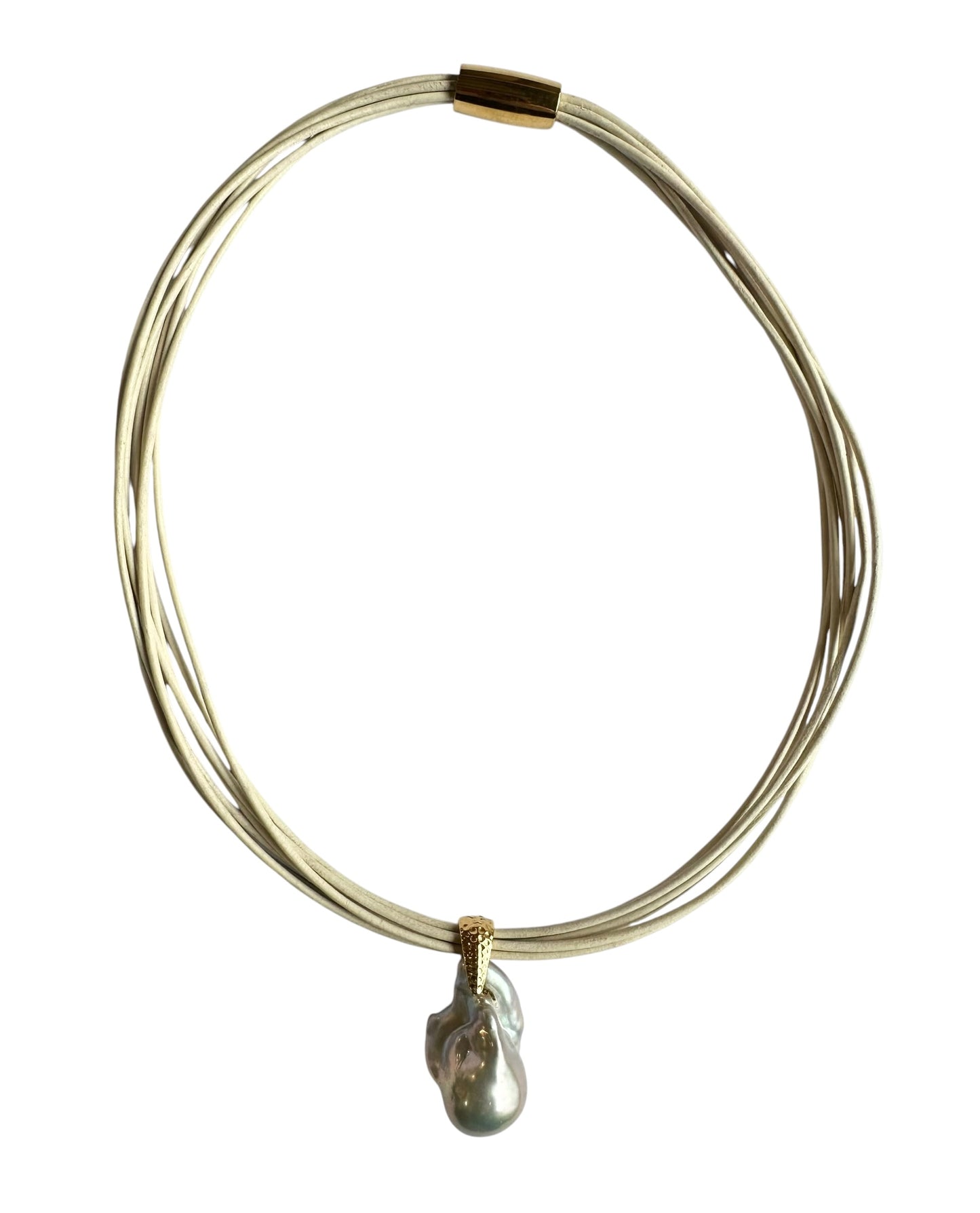 Necklace - Baroque Pearl on Beige Multi Leather