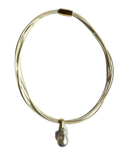 Necklace - Baroque Pearl on Beige Multi Leather
